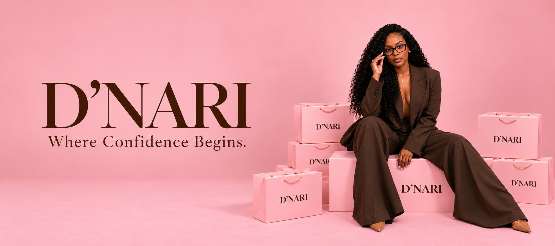 D’NARI founder in a chocolate brown suit surrounded by blush pink signature boxes